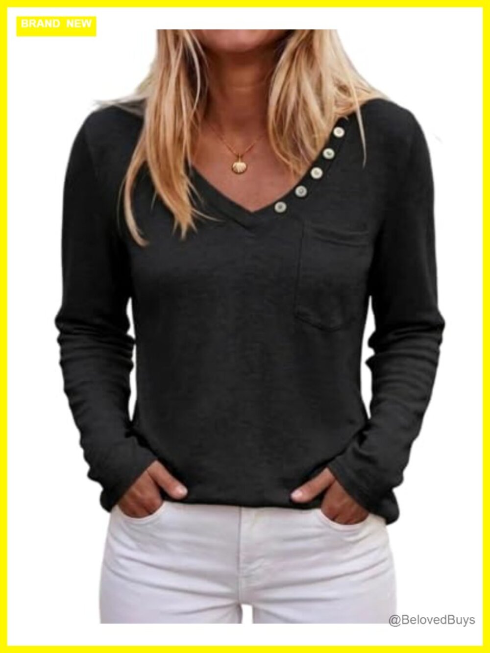 Women's V-Neck Long Sleeve Knit Top Button Decor Chest Pocket Slim Fit